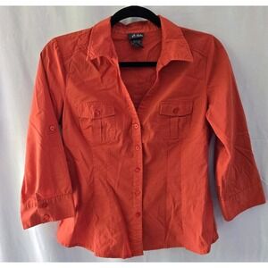 Dots Stretch Button-Up Shirt 3/4 Sleeve With Roll Tab Women's Medium Orange